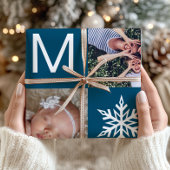 Feestelijke Blauwe Sneeuwvlokken Fotocollage Kerst Cadeaupapier