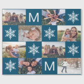 Feestelijke Blauwe Sneeuwvlokken Fotocollage Kerst Cadeaupapier (Vlak)