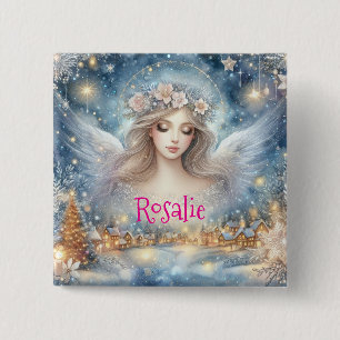 Feestelijke Blauwe Waterverf Ethische Vorst Sneeuw Vierkante Button 5,1 Cm