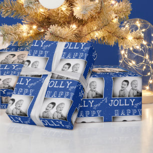 Feestelijke Blauwe Witte Typografie Kerst Foto Cadeaupapier