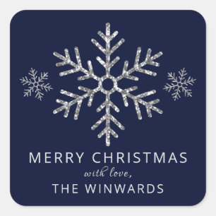 Feestelijke Blauwe & Zilver Glitter Kerstsneeuwvlo Vierkante Sticker
