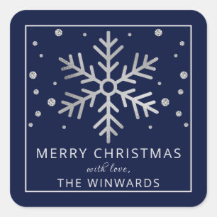 Feestelijke Blauwe & Zilveren Folie Kerstsneeuwvlo Vierkante Sticker