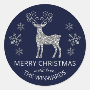 Feestelijke Blauwe & Zilveren Glitter Kerstsneeuwv Ronde Sticker