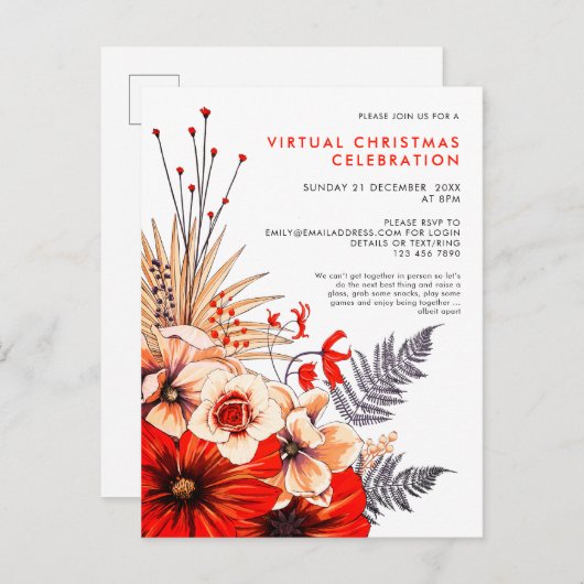 Feestelijke bloemblaadjes bessen rode crème kerst uitnodiging briefkaart (Voorkant / Achterkant)