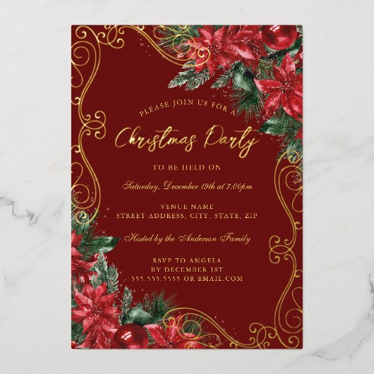 Feestelijke Bloemen Werveling Rood Groen Kerstfees Folie Uitnodiging (Voorkant)