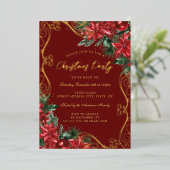 Feestelijke Bloemen Werveling Rood Groen Kerstfees Folie Uitnodiging (Staand Voorkant)