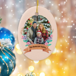 Feestelijke Bloemenkrans Christmas Baby Pink Foto Keramisch Ornament