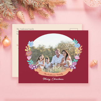 Feestelijke Bloemenkrans Donkerrood Foto Feestdagenkaart