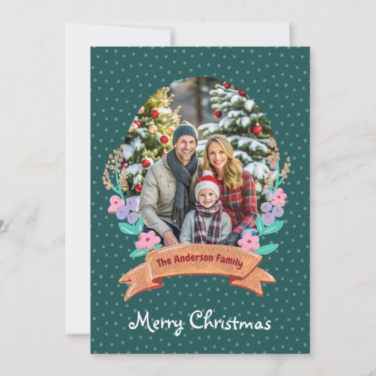 Feestelijke Bloemenkrans Groene Foto Kerstmis Feestdagenkaart (Voorkant)