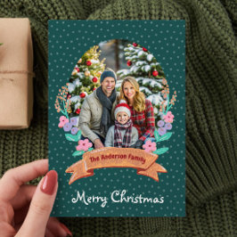 Feestelijke Bloemenkrans Groene Foto Kerstmis Feestdagenkaart