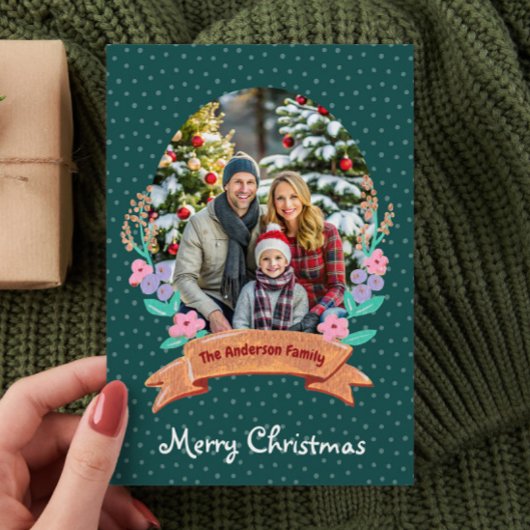 Feestelijke Bloemenkrans Groene Foto Kerstmis Feestdagenkaart