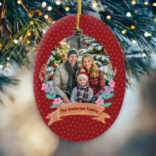 Feestelijke Bloemenkrans Kerstrood Foto Keramisch Ornament