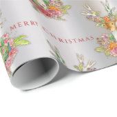 Feestelijke bloemenrendieren op zilveren vrolijke  cadeaupapier (Rol Hoek)