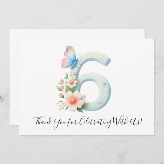 Feestelijke Bloemenvlinder Zesde Verjaardag Dank u Bedankkaart (Voorkant / Achterkant)