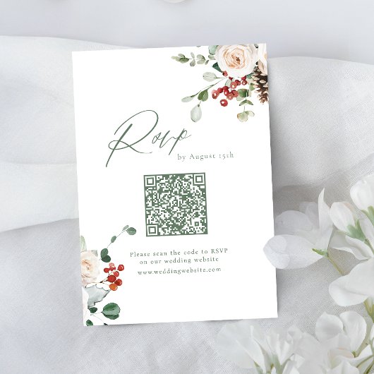 Feestelijke bloemige kerst bruiloft QR code RSVP Kaartje