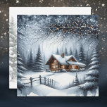 Feestelijke blokhut in de winter Bossen Kerst Feestdagenkaart<br><div class="desc">Gepersonaliseerde kerstkaart. Schattigee feestelijke blokhut op een heuvel met een besneeuwde bosachtergrond.</div>