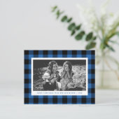 Feestelijke Blue Buffalo Plaid Single Foto Kerstmi Briefkaart (Staand voorkant)