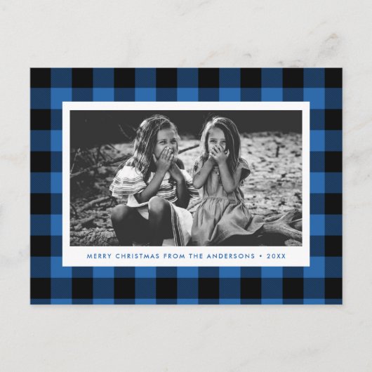 Feestelijke Blue Buffalo Plaid Single Foto Kerstmi Briefkaart (Voorkant)
