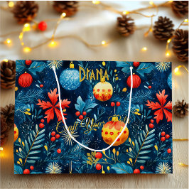 Feestelijke Blue Christmas Gift Bag met Ornamenten Groot Cadeauzakje