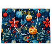 Feestelijke Blue Christmas Gift Bag met Ornamenten Groot Cadeauzakje (Voorkant)