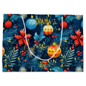 Feestelijke Blue Christmas Gift Bag met Ornamenten Groot Cadeauzakje (Achterkant)