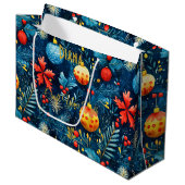 Feestelijke Blue Christmas Gift Bag met Ornamenten Groot Cadeauzakje (Voorkant Gekanteld)