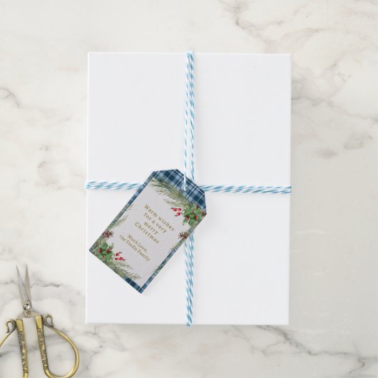 Feestelijke Blue Gingham met Holly Christmas Cadeaulabel (Met Touw)