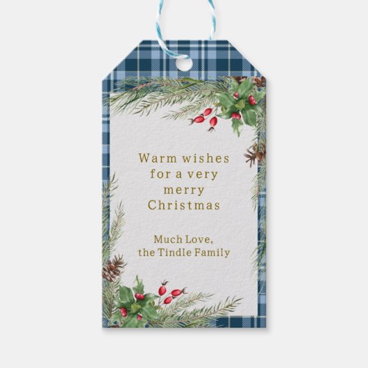 Feestelijke Blue Gingham met Holly Christmas Cadeaulabel (Voorkant)