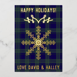 Feestelijke Blue Green Tartan Bold Snowflake Kerst Folie Feestdagenkaart