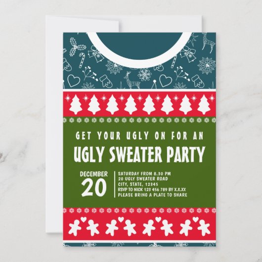 Feestelijke Blue Red en Green Ugly Sweater kerstfe Kaart (Voorkant)