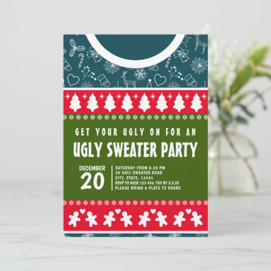 Feestelijke Blue Red en Green Ugly Sweater kerstfe Kaart (Staand voorkant)