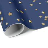 Feestelijke Blue & Sparkly Gold Stars Vakantie Cadeaupapier (Rol Hoek)