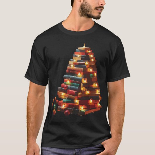 Feestelijke Boek Kerstboom met String Lights T-shirt (Voorkant)