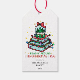 Feestelijke Boekenwurm Lezen Rond de Kerstboom Cadeaulabel