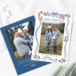 Feestelijke Boho Blue Christmas Bow Ribbon 2 Foto Feestdagenkaart