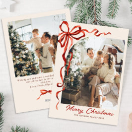 Feestelijke Boho Kerst Red Bow Ribbon 2 Foto Feestdagenkaart