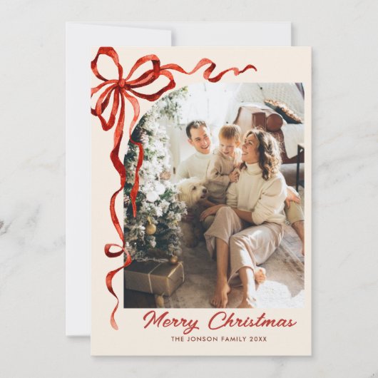 Feestelijke Boho Kerst Red Bow Ribbon 2 Foto Feestdagenkaart (Voorkant)