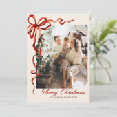 Feestelijke Boho Kerst Red Bow Ribbon 2 Foto Feestdagenkaart (Staand voorkant)