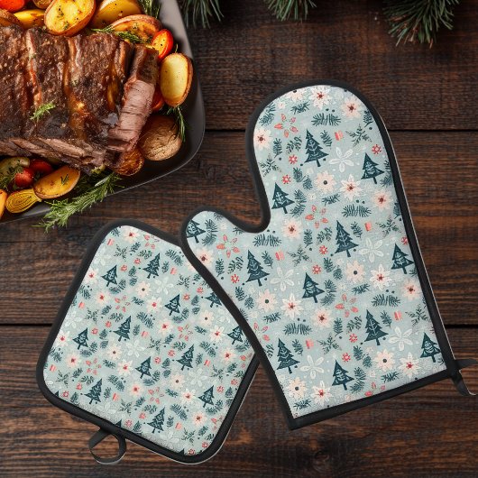 Feestelijke boom en bloem ontwerp ovenwant & pannenlap set