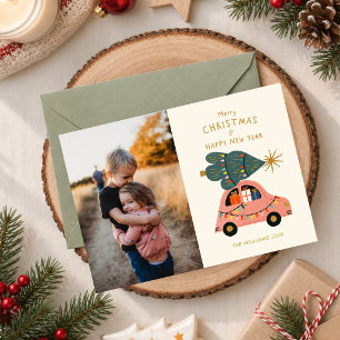 Feestelijke boom op auto familie kerst foto Kaart