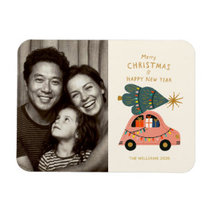 Feestelijke boom op auto familie kerst foto Magneet