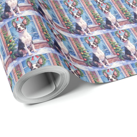 Feestelijke Boston Terrier Kerst Kunst Cadeaupapier (Rol Hoek)