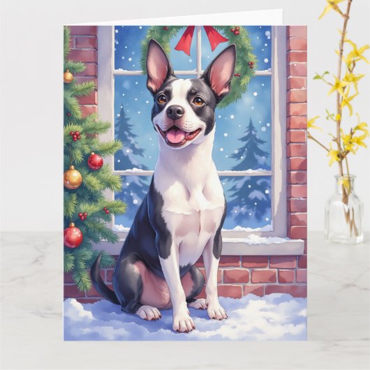 Feestelijke Boston Terrier Kerst Kunst Kaart (Gele Bloem)