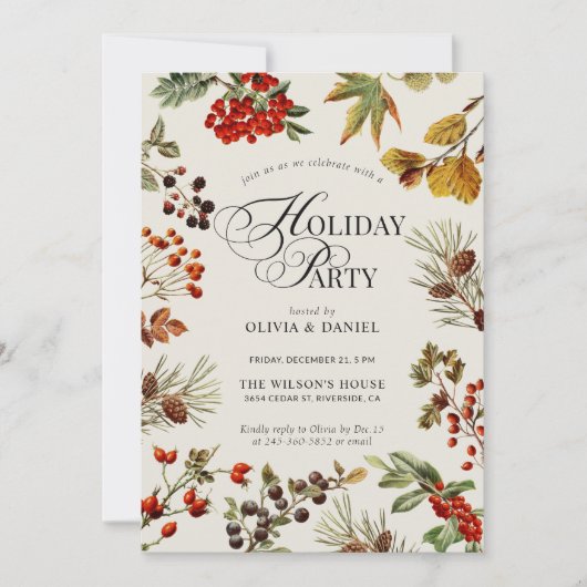 Feestelijke botanische planten bessen script kaart (Voorkant)