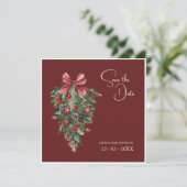 Feestelijke Bourgondië Groene Winter Kerstbruiloft Save The Date (Staand voorkant)