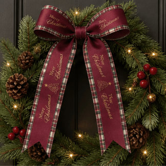 Feestelijke Bourgondische Tartan Kerstboom Familie Satijnen Lint