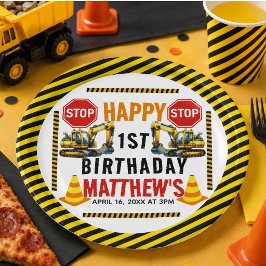 Feestelijke Bouw Dump Truck 1e Verjaardagsfeest Papieren Bordje