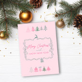 Feestelijke Bow & Chic Trees Doodle Roze Vakantie Feestdagenkaart