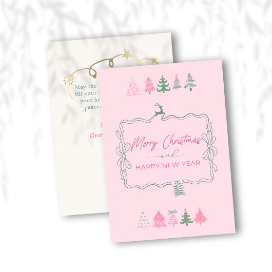 Feestelijke Bow & Chic Trees Doodle Roze Vakantie Feestdagenkaart