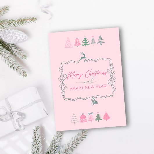 Feestelijke Bow & Chic Trees Doodle Roze Vakantie Feestdagenkaart